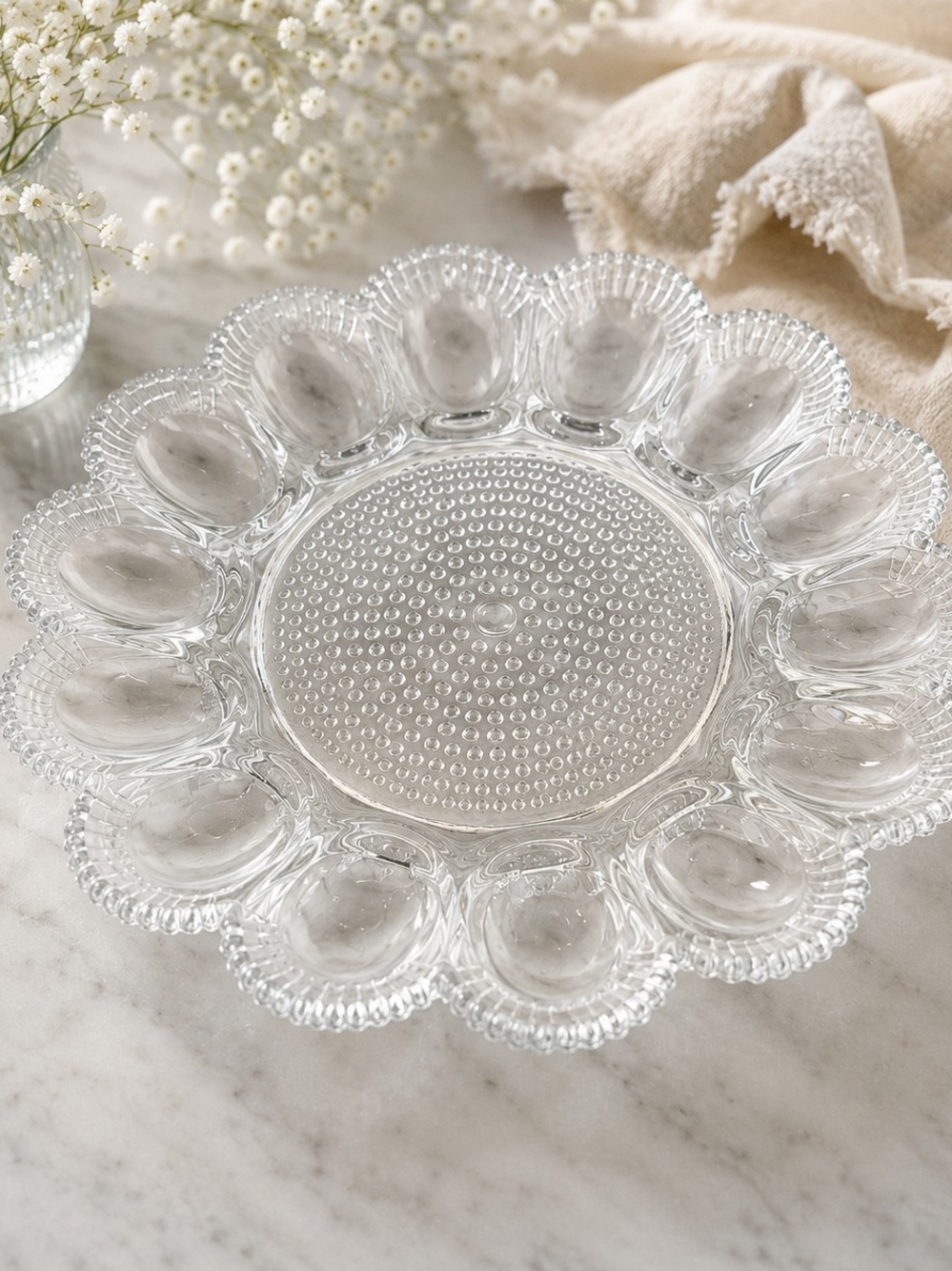 Vintage Indiana Glass Hobnail Deviled Egg Plate Clear Glass 12 Slot Serving Tray